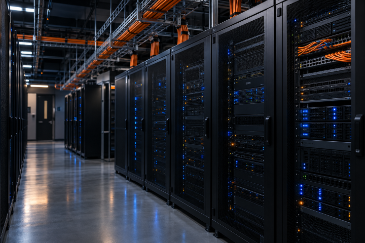 Server racks with soft blue status lights and neatly routed orange network cables